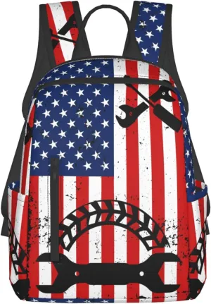 Mechanic American Flag Casual Backpacks Laptop Backpack Outdoor Travel Rucksack Sport Carry-On Daypack Lightweight Bag with Multi-Pockets