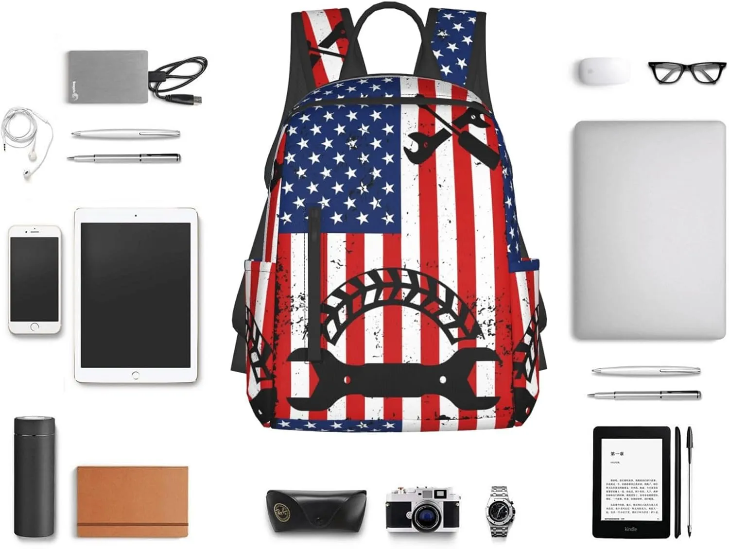 Mechanic American Flag Casual Backpacks Laptop Backpack Outdoor Travel Rucksack Sport Carry-On Daypack Lightweight Bag with Multi-Pockets