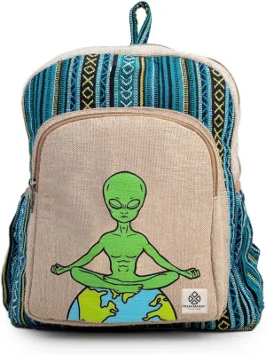Meditating Alien Hemp Backpack Bag - Eco Friendly Hippie Yak Design Durable Functional Traveling Hiking Friendly Casual Daypack Bag by Freakmandu