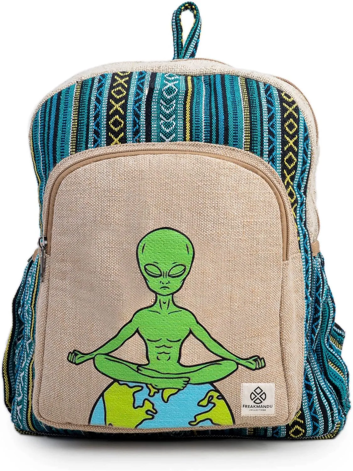 Meditating Alien Hemp Backpack Bag - Eco Friendly Hippie Yak Design Durable Functional Traveling Hiking Friendly Casual Daypack Bag by Freakmandu