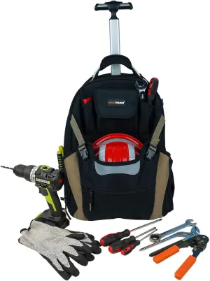 MELOTOUGH Wheeled Rolling Tool Bag Welding Backpack with Wheels for Men Heavy Duty Tool Organizer Bag with Helmet Catch (Khaki)
