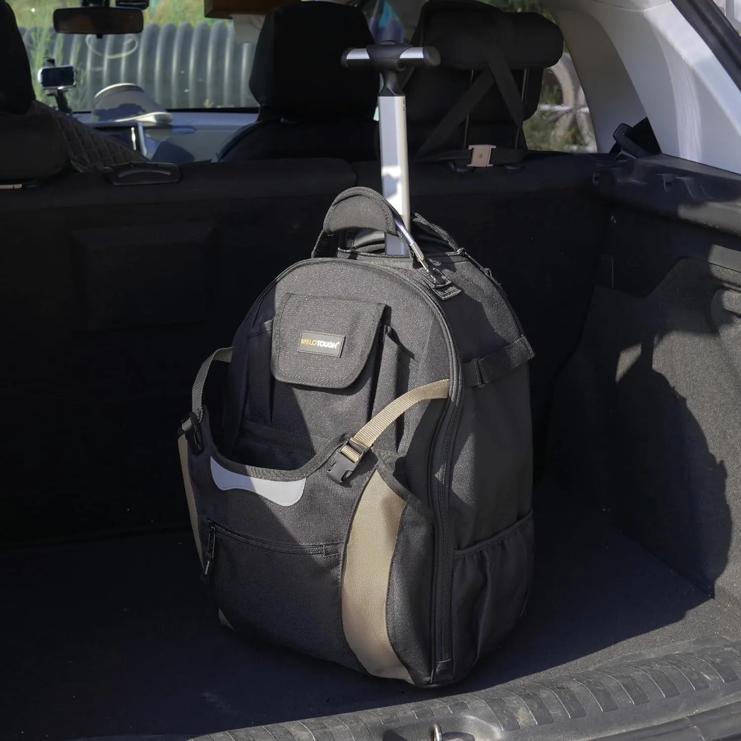 MELOTOUGH Wheeled Rolling Tool Bag Welding Backpack with Wheels for Men Heavy Duty Tool Organizer Bag with Helmet Catch (Khaki)