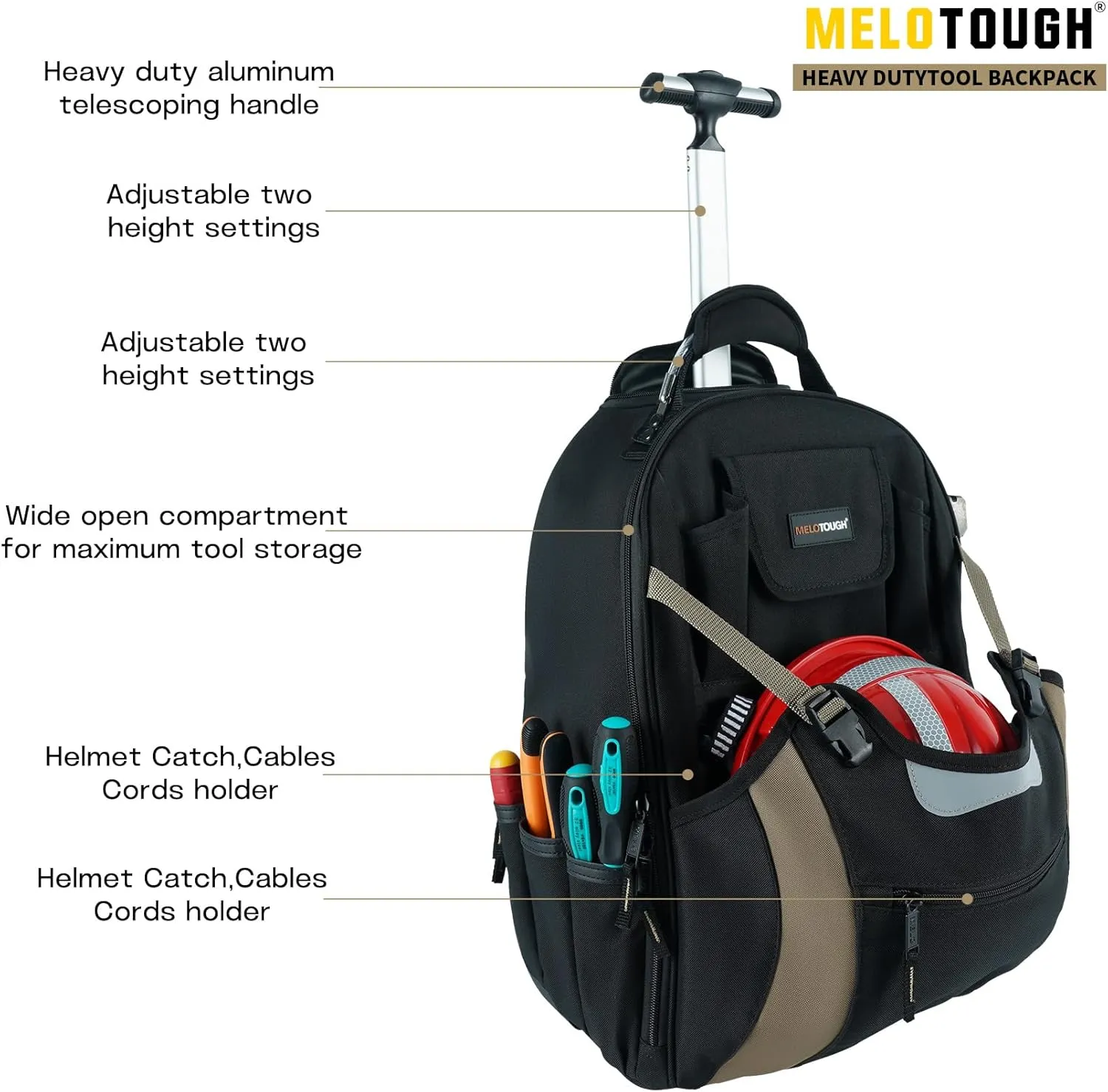 MELOTOUGH Wheeled Rolling Tool Bag Welding Backpack with Wheels for Men Heavy Duty Tool Organizer Bag with Helmet Catch (Khaki)