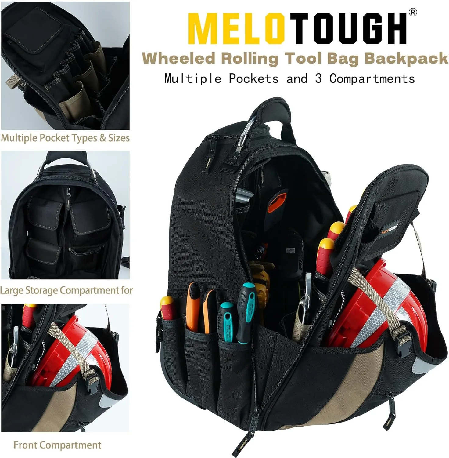 MELOTOUGH Wheeled Rolling Tool Bag Welding Backpack with Wheels for Men Heavy Duty Tool Organizer Bag with Helmet Catch (Khaki)