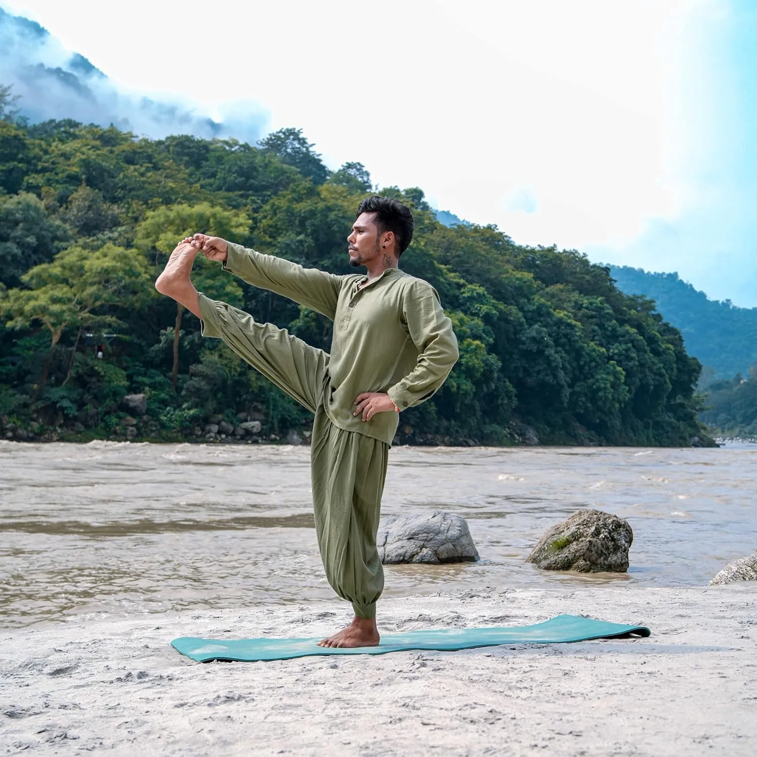 men Prithvi Yoga Set Of 2 (Top & Pants) 100% Cotton Kurta Style Full Sleeved Top Mid Waist Flared Pants