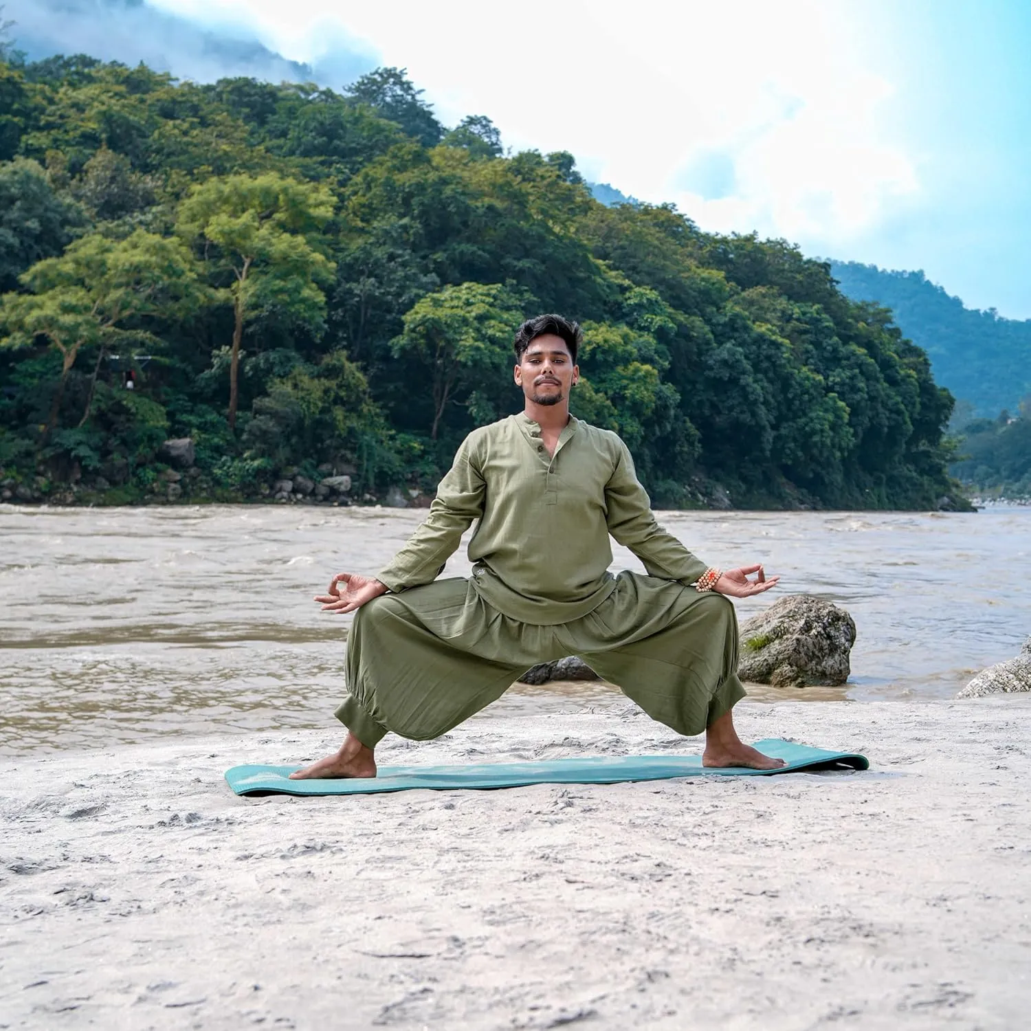 men Prithvi Yoga Set Of 2 (Top & Pants) 100% Cotton Kurta Style Full Sleeved Top Mid Waist Flared Pants
