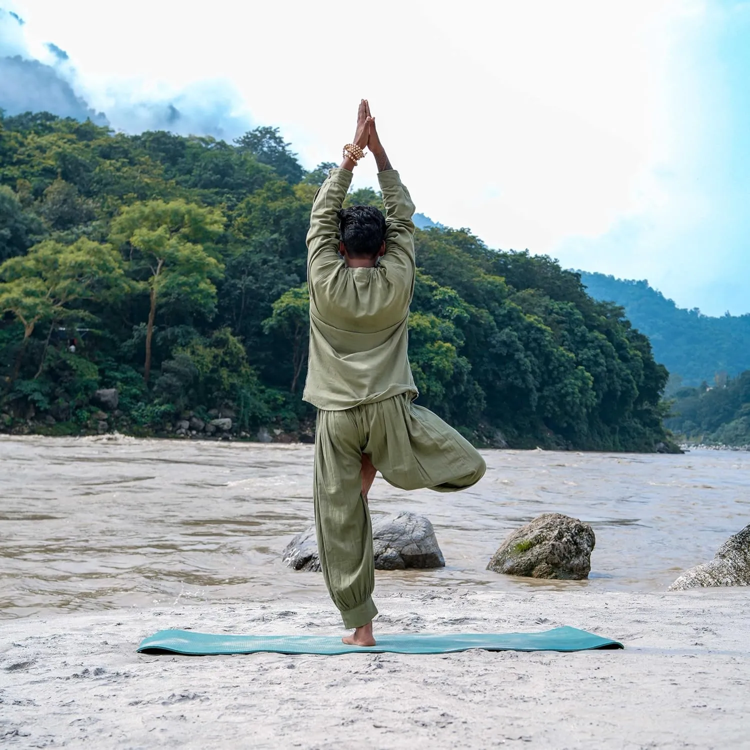 men Prithvi Yoga Set Of 2 (Top & Pants) 100% Cotton Kurta Style Full Sleeved Top Mid Waist Flared Pants