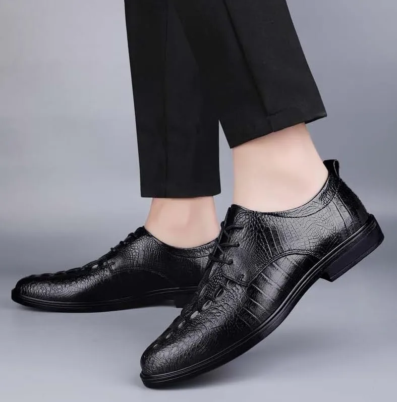 Men's Genuine Leather Oxford Shoes for Men Lightweight Comfortable Thick-Soled Formal Shoes for Business Dinners(Black,6.5)