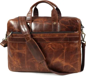 Mens Laptop Bag | 16 Inch Leather Briefcase Vintage Messenger Bag | With Ajustable Straps And Metal Grip |