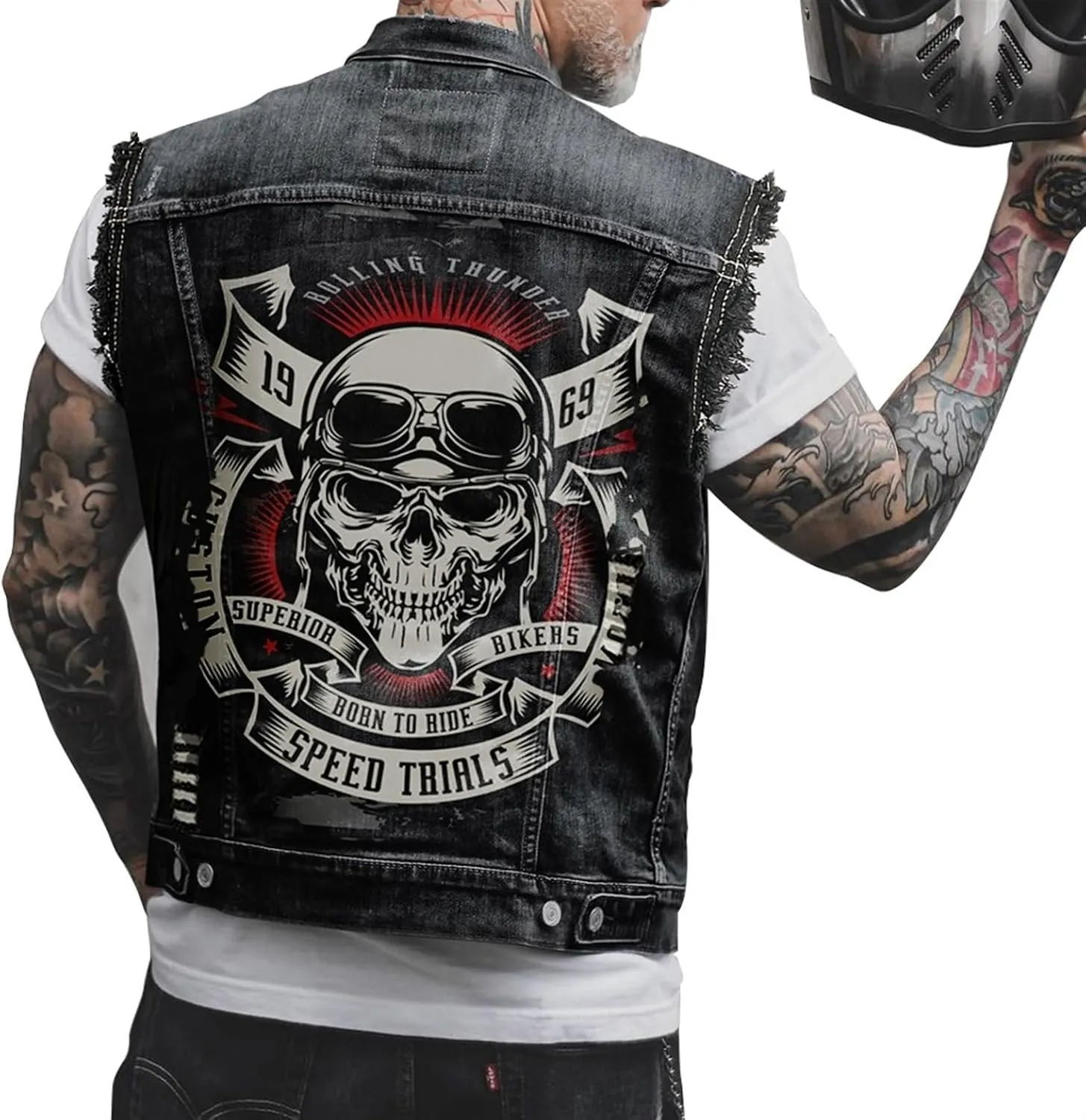 Men's New Denim Vest - Casual Printed Embroidered Biker Vest, Black, Size L