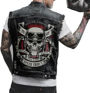 Men's New Denim Vest - Casual Printed Embroidered Biker Vest, Black, Size L