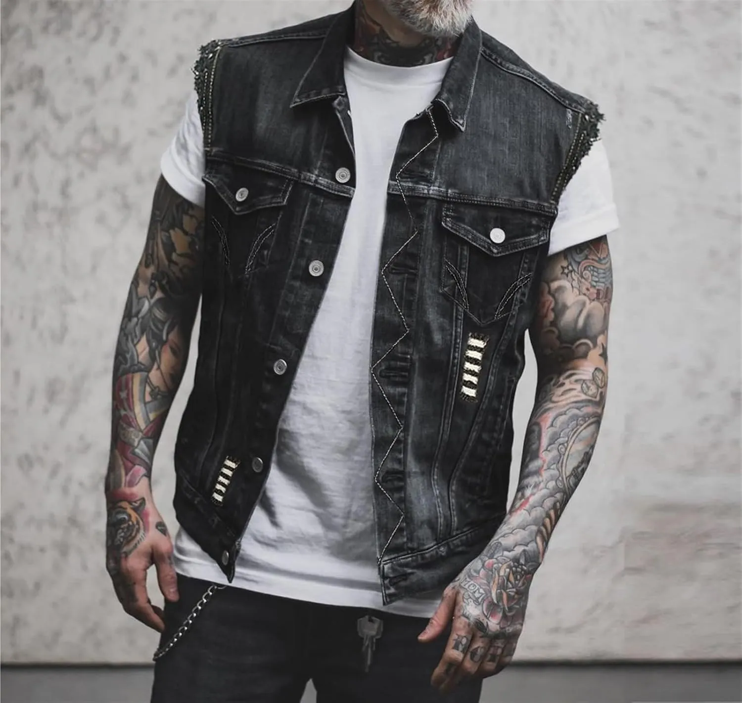 Men's New Denim Vest - Casual Printed Embroidered Biker Vest, Black, Size L