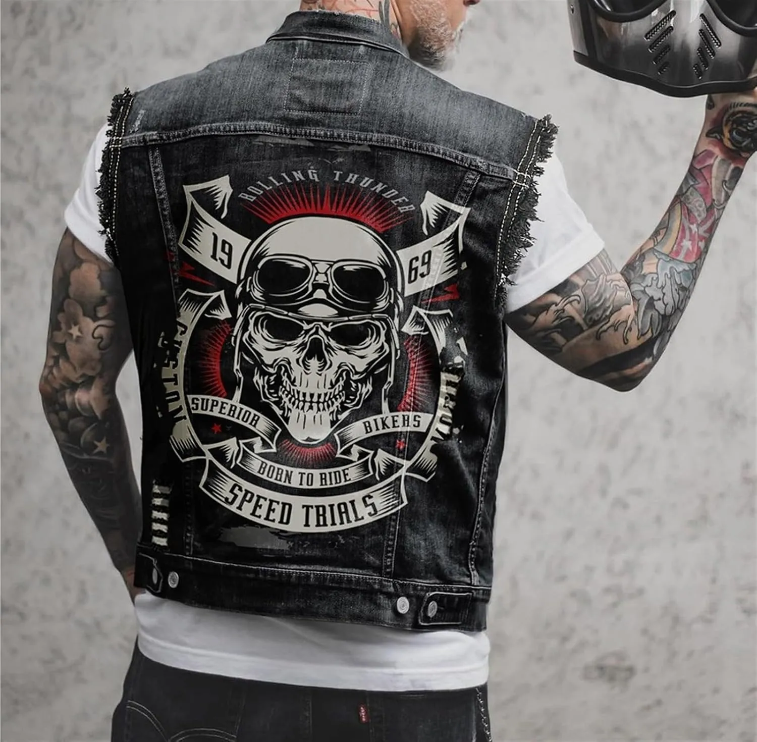 Men's New Denim Vest - Casual Printed Embroidered Biker Vest, Black, Size L