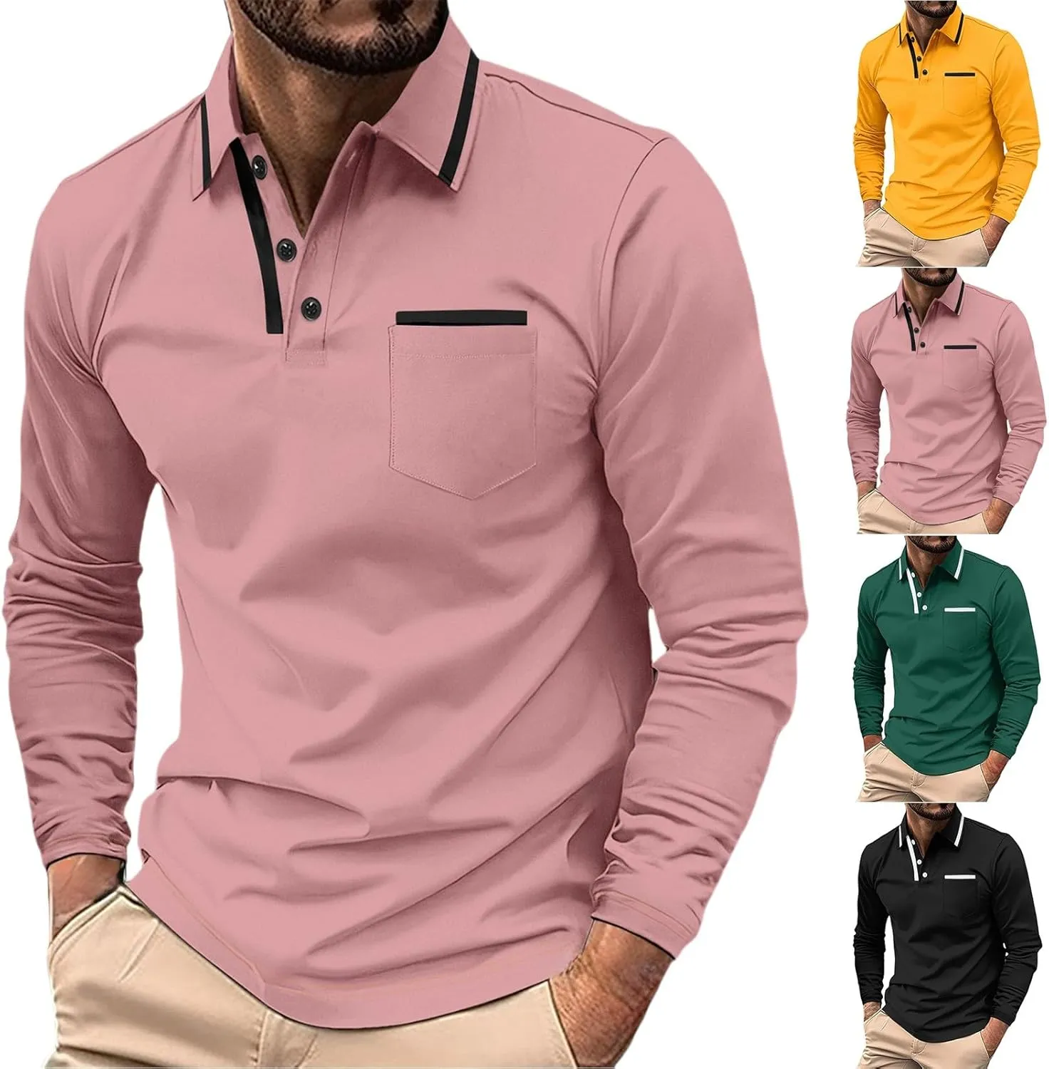 Men's Polo Shirts Long Sleeve Men's Fashion Loose Lapel Buttons Lapel T Shirt Tops Men's Regular-fit Jersey Tennis
