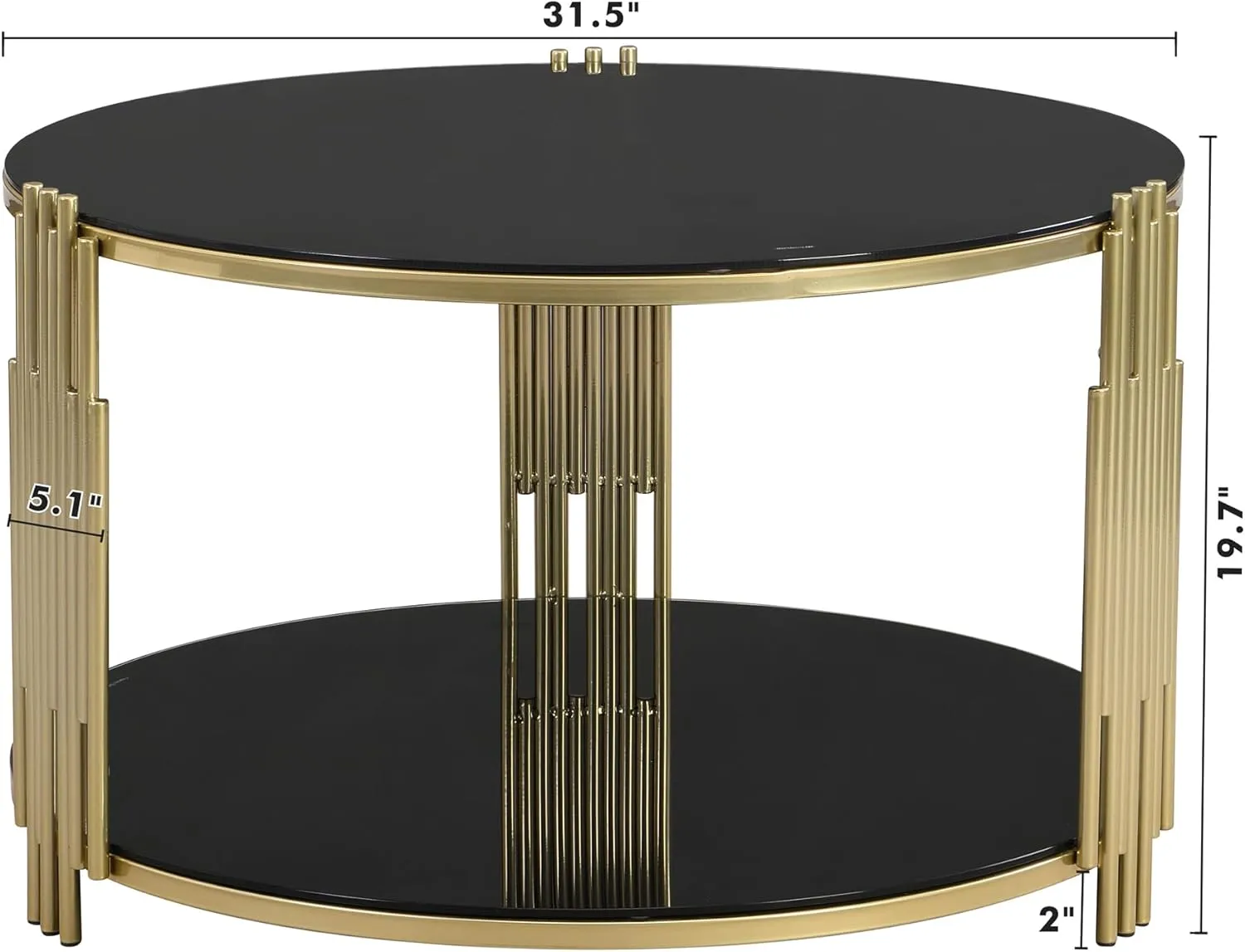 Merax 31.5" Mirror Glass Coffee Table, Asymmetrical Metal, Circular Metal Drum Base, Gold Finish Lower Shelf Modern, Black