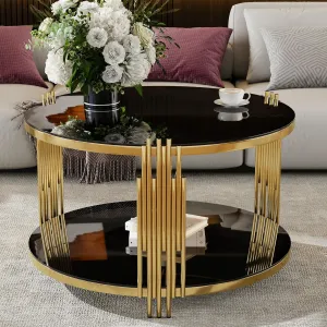 Merax 31.5" Mirror Glass Coffee Table, Asymmetrical Metal, Circular Metal Drum Base, Gold Finish Lower Shelf Modern, Black