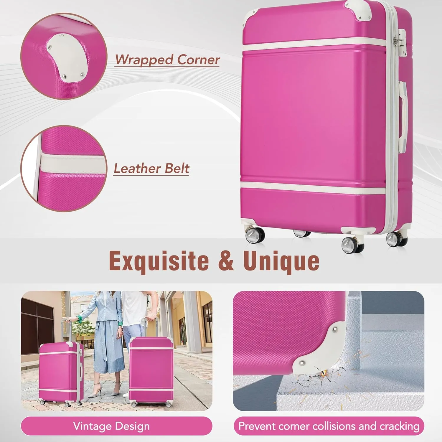 Merax Luggage Set 2 Piece Suitcase Set with Cosmetic Case Expandable Spinner Wheels Vintage Luggage Sets(Pink,20" 24")