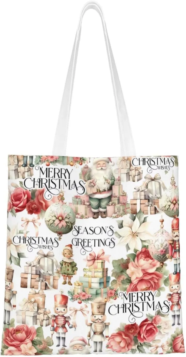 Merry Christmas Tree Snowflake Canvas Tote Bag for Women Reusable Grocery Shoulder Bags Shopping Handbags