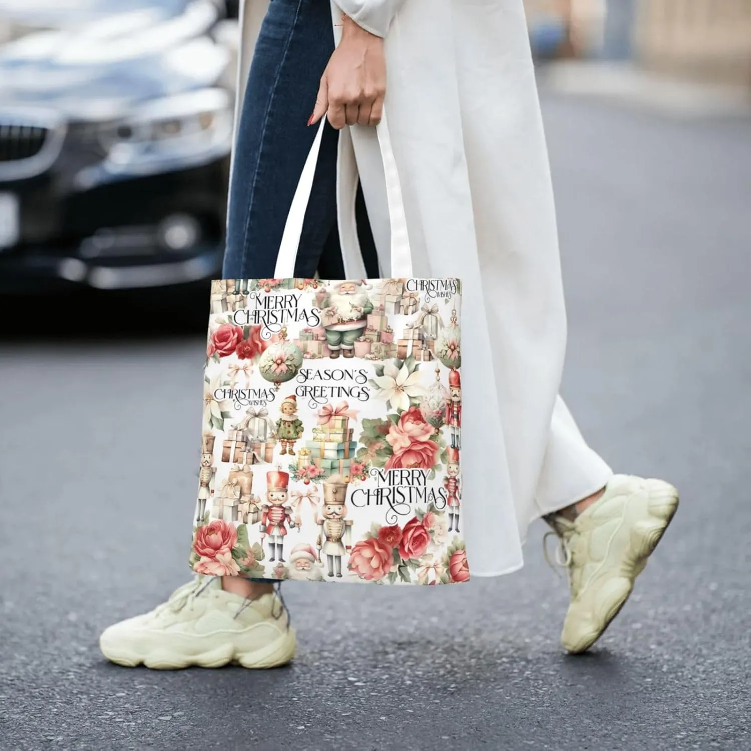 Merry Christmas Tree Snowflake Canvas Tote Bag for Women Reusable Grocery Shoulder Bags Shopping Handbags