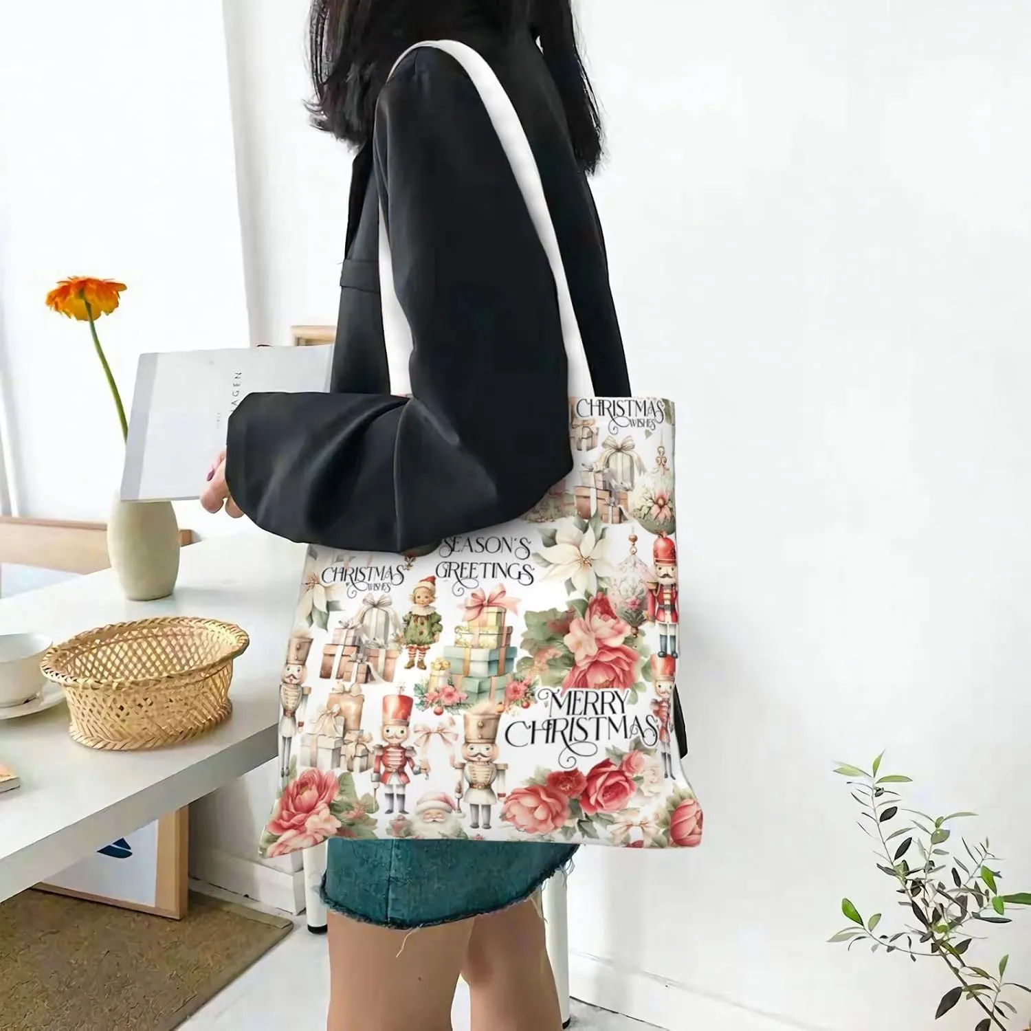 Merry Christmas Tree Snowflake Canvas Tote Bag for Women Reusable Grocery Shoulder Bags Shopping Handbags