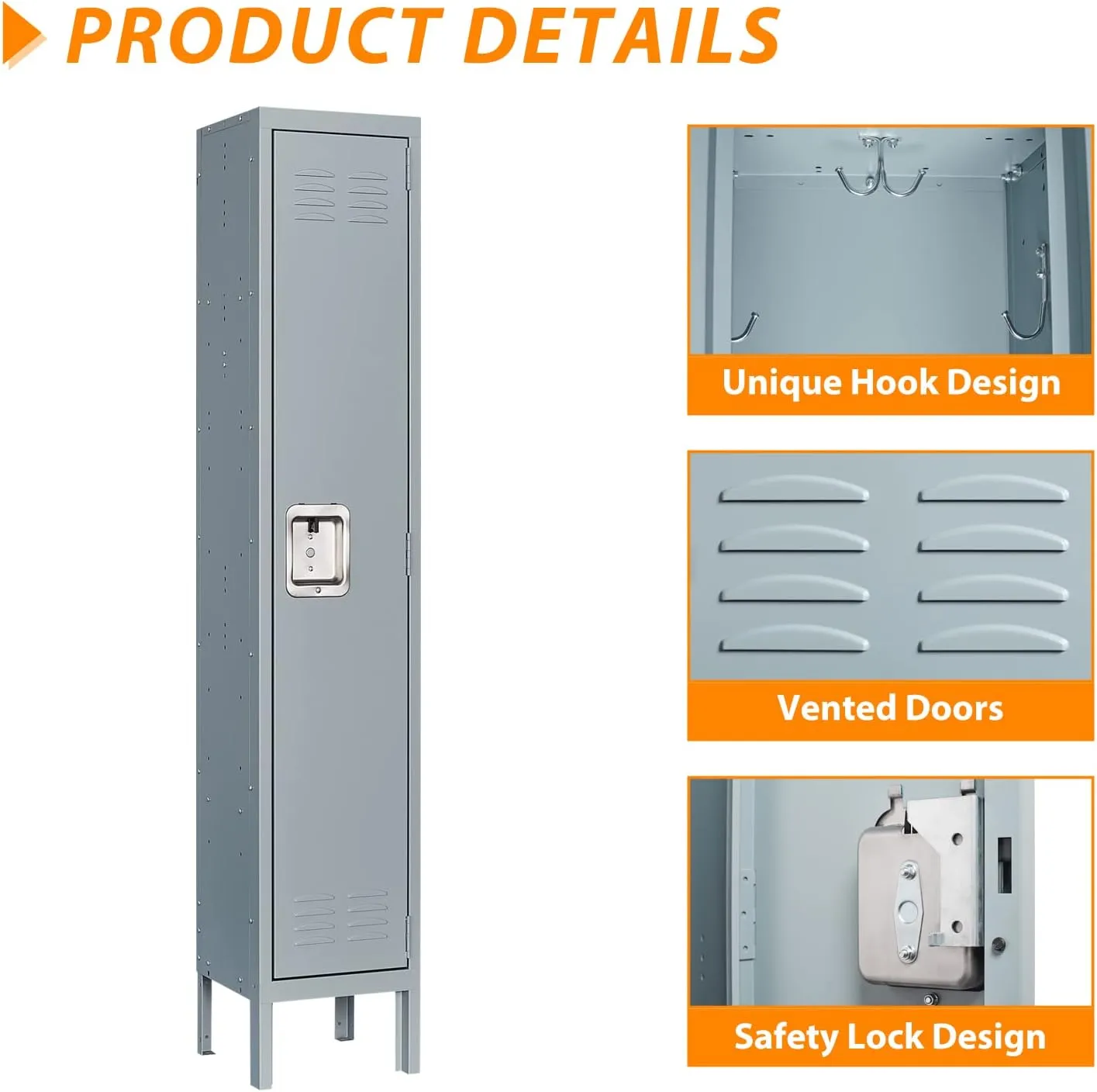Metal Locker for Home, Dressing Room, Gym, 65.98" Steel Storage Lockers for Employees, Lockable Locker Cabinet with 1 Door (Grey)