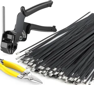 Metal Zip Ties Black,With Special Fastening And Cutting Tools,150 Pcs 11.8 Inch,Multi-Purpose Stainless Steel Cable Ties, Suitable For Agricultural Fencing, Garden Chain Link Fence Fixing, Pipe Tying.