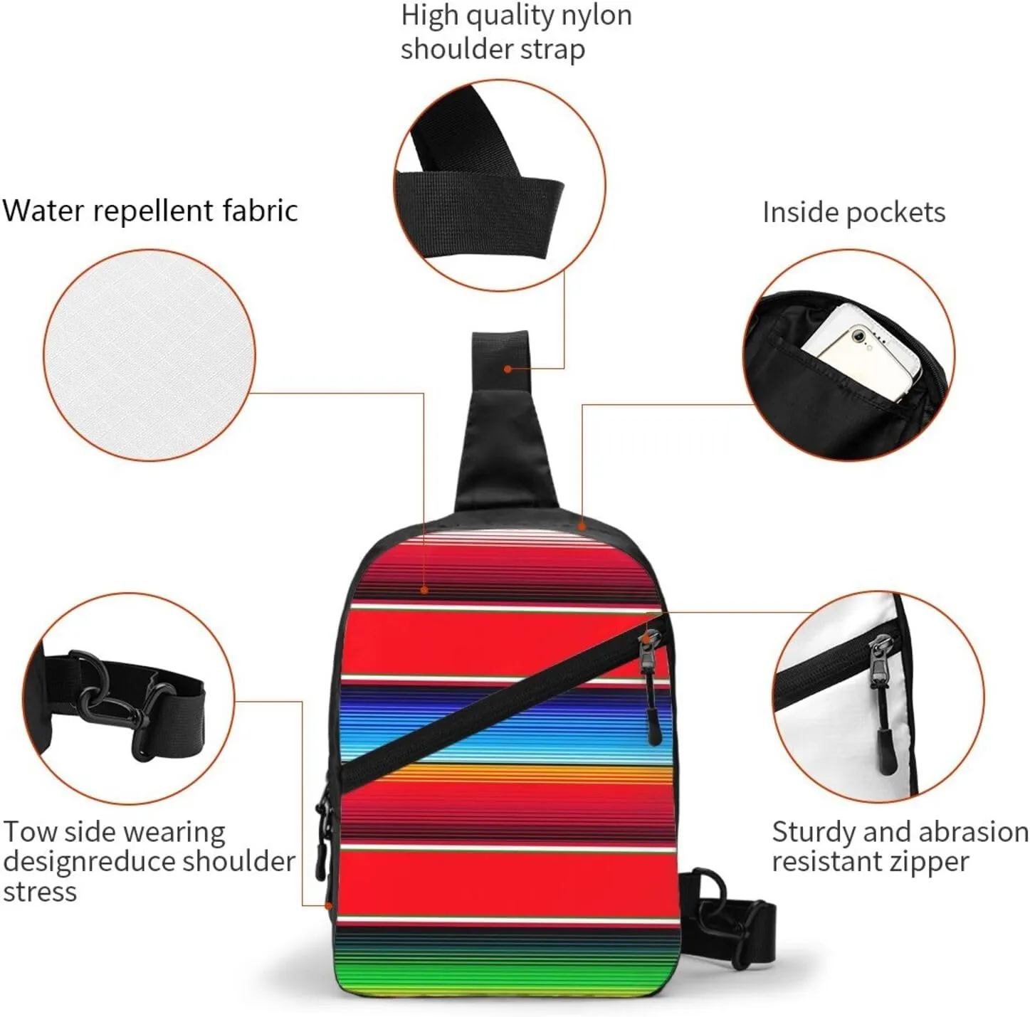 Mexican Serape in Red Crossbody Bag Portable Sling Bags Foldable Chest Daypack Reusable Sports Shoulder Backpack Diagonally Casual Rucksack Travel Bag