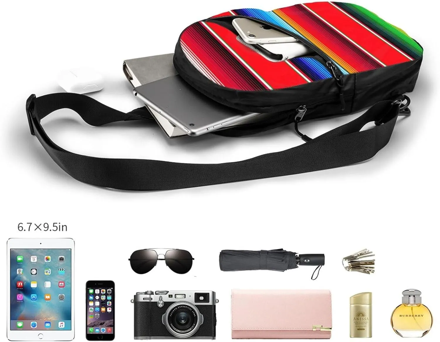 Mexican Serape in Red Crossbody Bag Portable Sling Bags Foldable Chest Daypack Reusable Sports Shoulder Backpack Diagonally Casual Rucksack Travel Bag