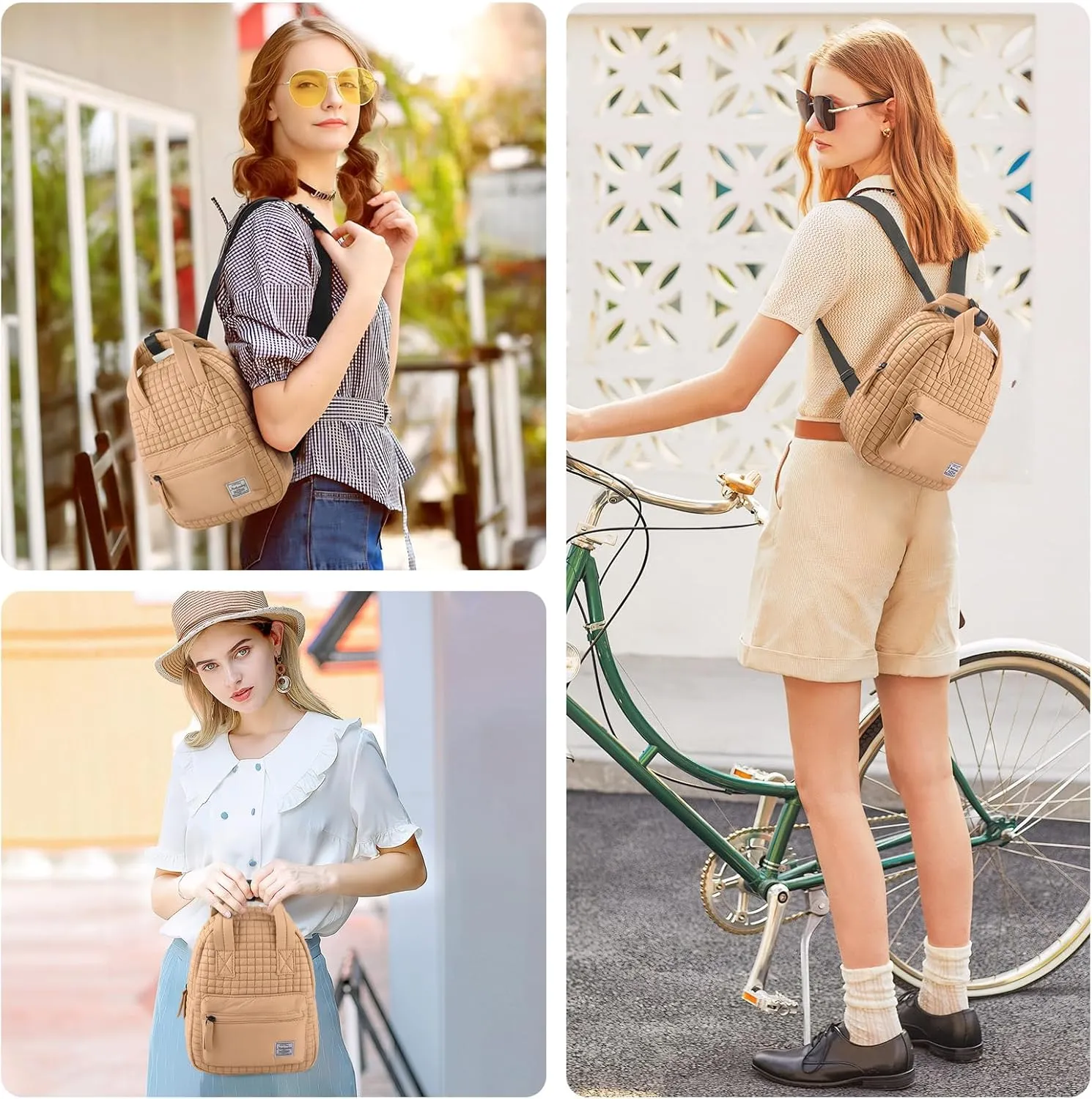 Mini Quilted Puffer Backpack for Women,Lightweight Puffy Bookbag,Small Casual Daypack for Ladies,Khaki