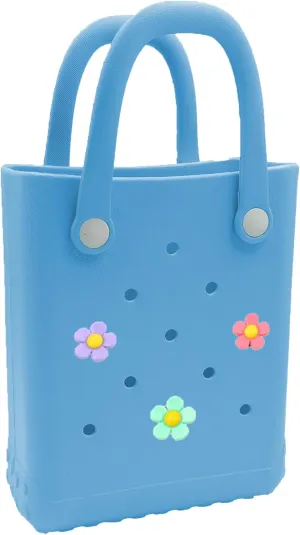 Mini Rubber Beach Tote Bag, 6.5x8.0x3.1 inches, Small Waterproof Beach Bag with Random Charms for Girls (Light Bule)