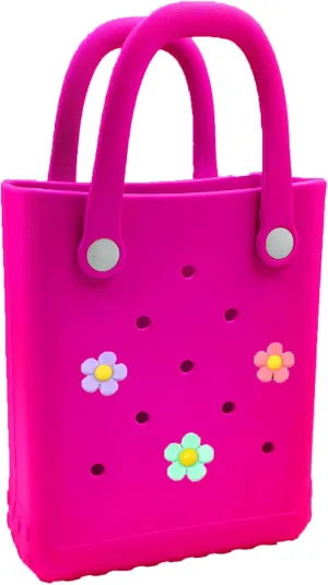 Mini Rubber Tote Bag, 6.5x8.0x3.1 inches, Small Waterproof Beach Bag with Random Charms for Girls (Hot Pink)