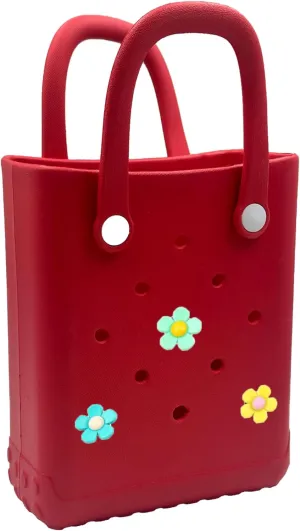 Mini Rubber Tote Bag, 6.5x8.0x3.1 inches, Small Waterproof Beach Bag with Random Charms for Girls (Red)