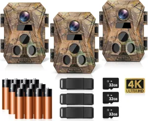 Mini Trail Camera 3 Pack, 4K 36MP Game Cameras with Night Vision Motion Activated Waterproof, 120° Wide-Angle Hunting Camera with No Glow LEDs for Outdoor Wildlife Monitoring
