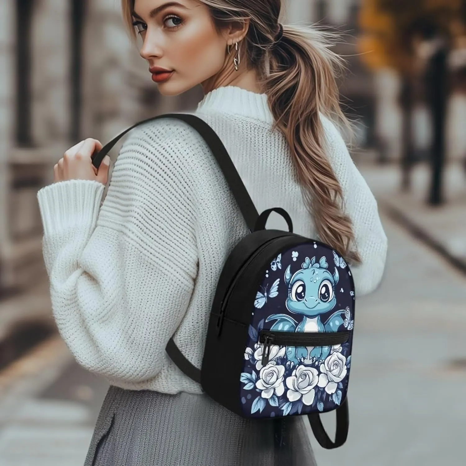Mini Travel Backpack for Women Dragon Flower Print Rucksack Lightweight Shoulder Bag with Adjustable Straps Blue and Black