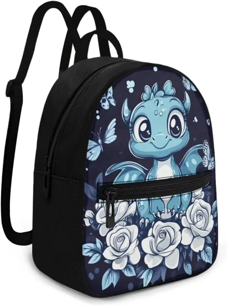 Mini Travel Backpack for Women Dragon Flower Print Rucksack Lightweight Shoulder Bag with Adjustable Straps Blue and Black