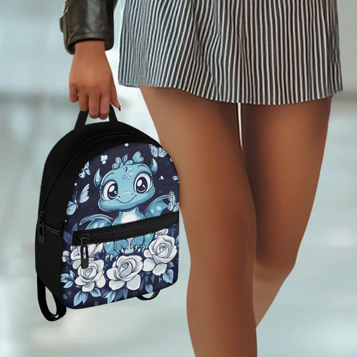 Mini Travel Backpack for Women Dragon Flower Print Rucksack Lightweight Shoulder Bag with Adjustable Straps Blue and Black