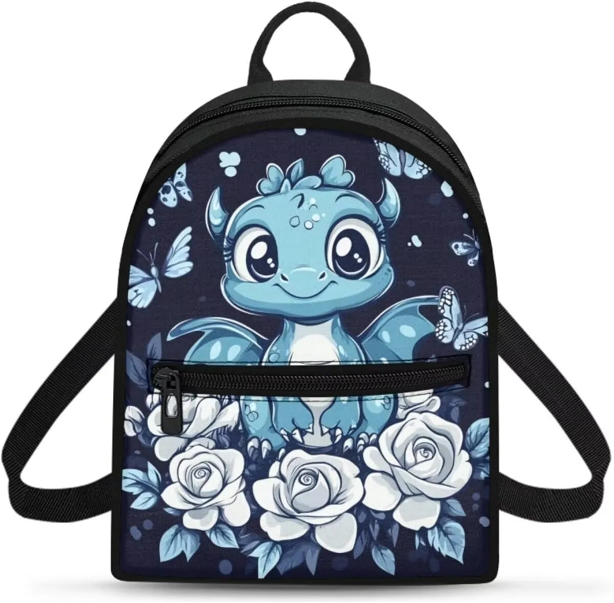 Mini Travel Backpack for Women Dragon Flower Print Rucksack Lightweight Shoulder Bag with Adjustable Straps Blue and Black