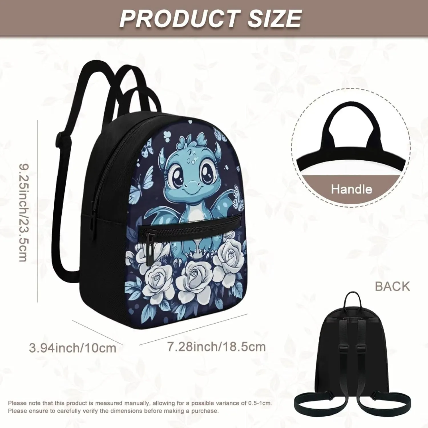 Mini Travel Backpack for Women Dragon Flower Print Rucksack Lightweight Shoulder Bag with Adjustable Straps Blue and Black