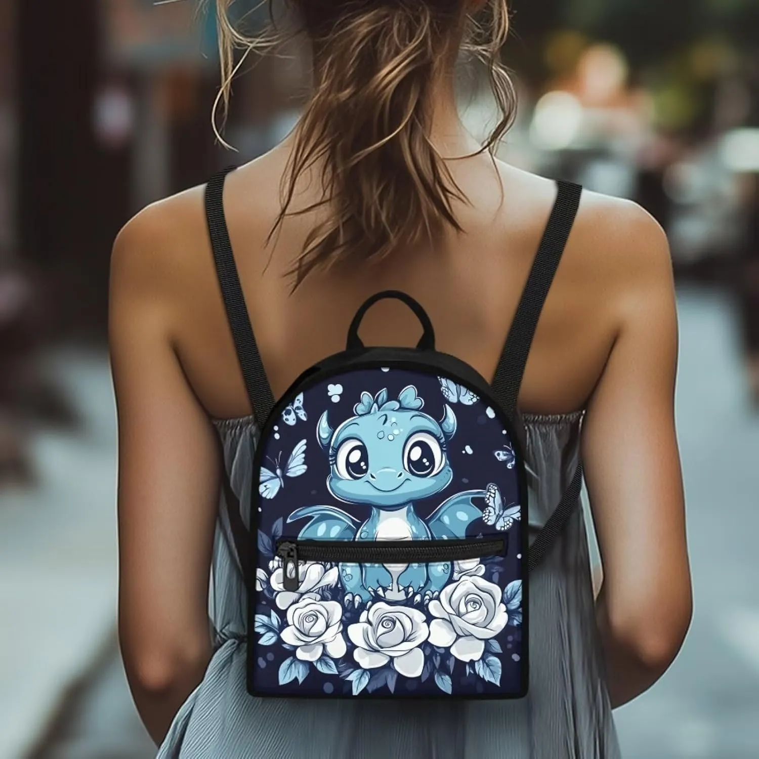 Mini Travel Backpack for Women Dragon Flower Print Rucksack Lightweight Shoulder Bag with Adjustable Straps Blue and Black