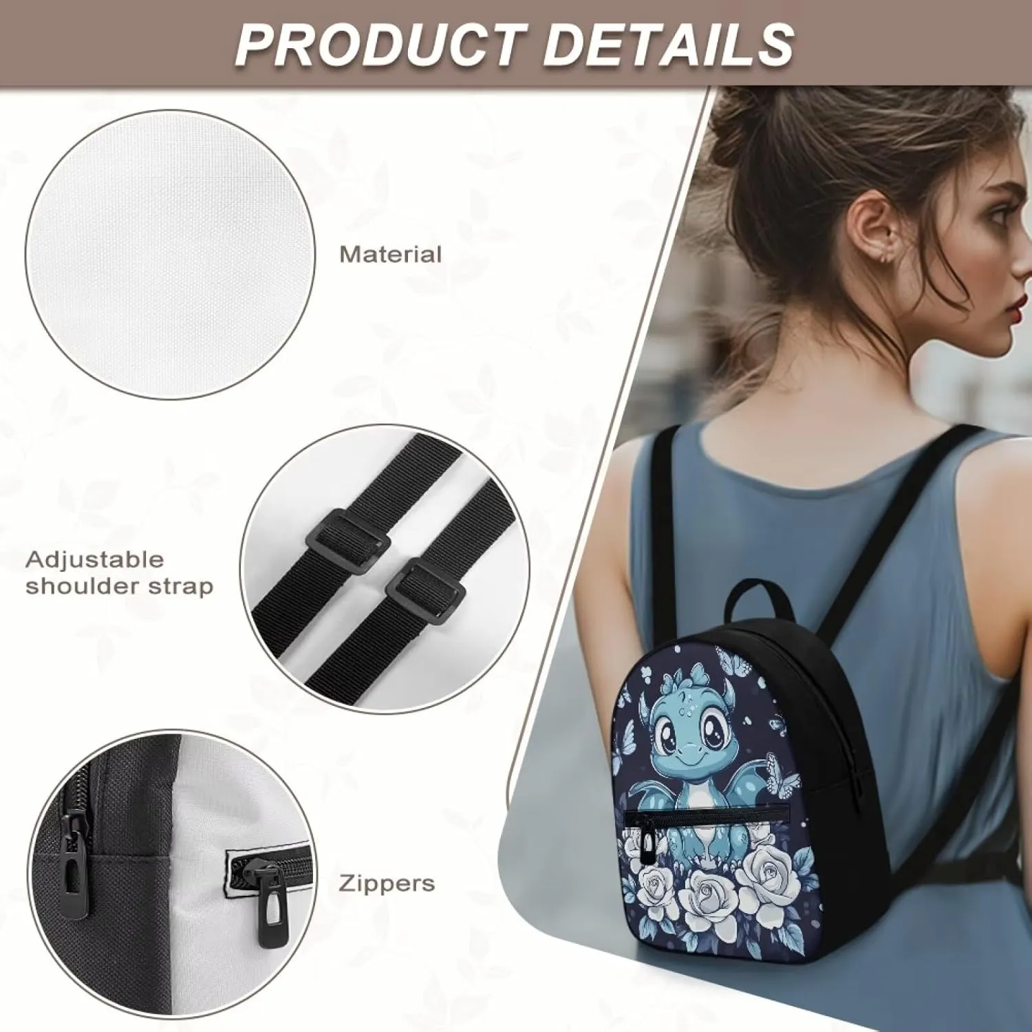 Mini Travel Backpack for Women Dragon Flower Print Rucksack Lightweight Shoulder Bag with Adjustable Straps Blue and Black