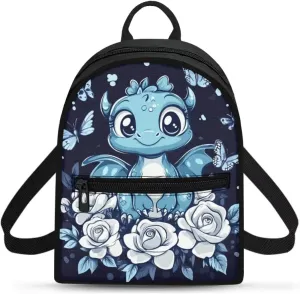 Mini Travel Backpack for Women Dragon Flower Print Rucksack Lightweight Shoulder Bag with Adjustable Straps Blue and Black