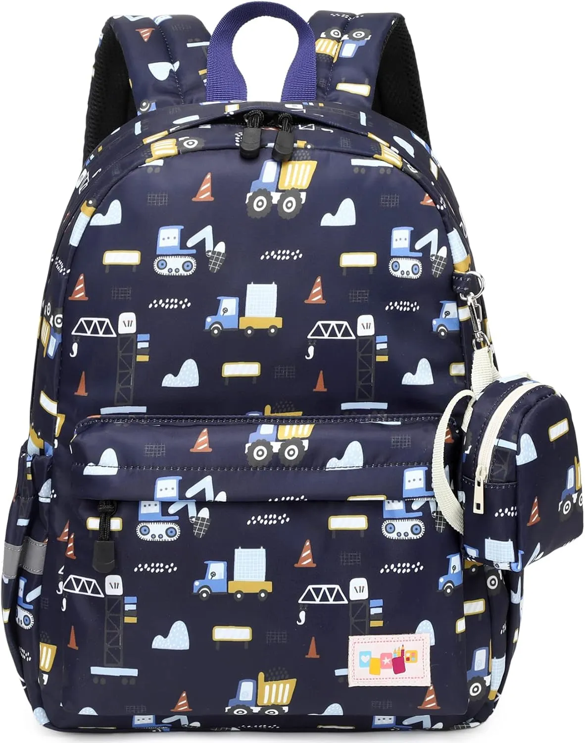 MIRLEWAIY Little Kids Travel Backpack Preschool Cute Kindergarten School Bag Daycare Rucksack for Boys with Coin Pouch, Muck truck, Navy blue