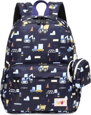 MIRLEWAIY Little Kids Travel Backpack Preschool Cute Kindergarten School Bag Daycare Rucksack for Boys with Coin Pouch, Muck truck, Navy blue