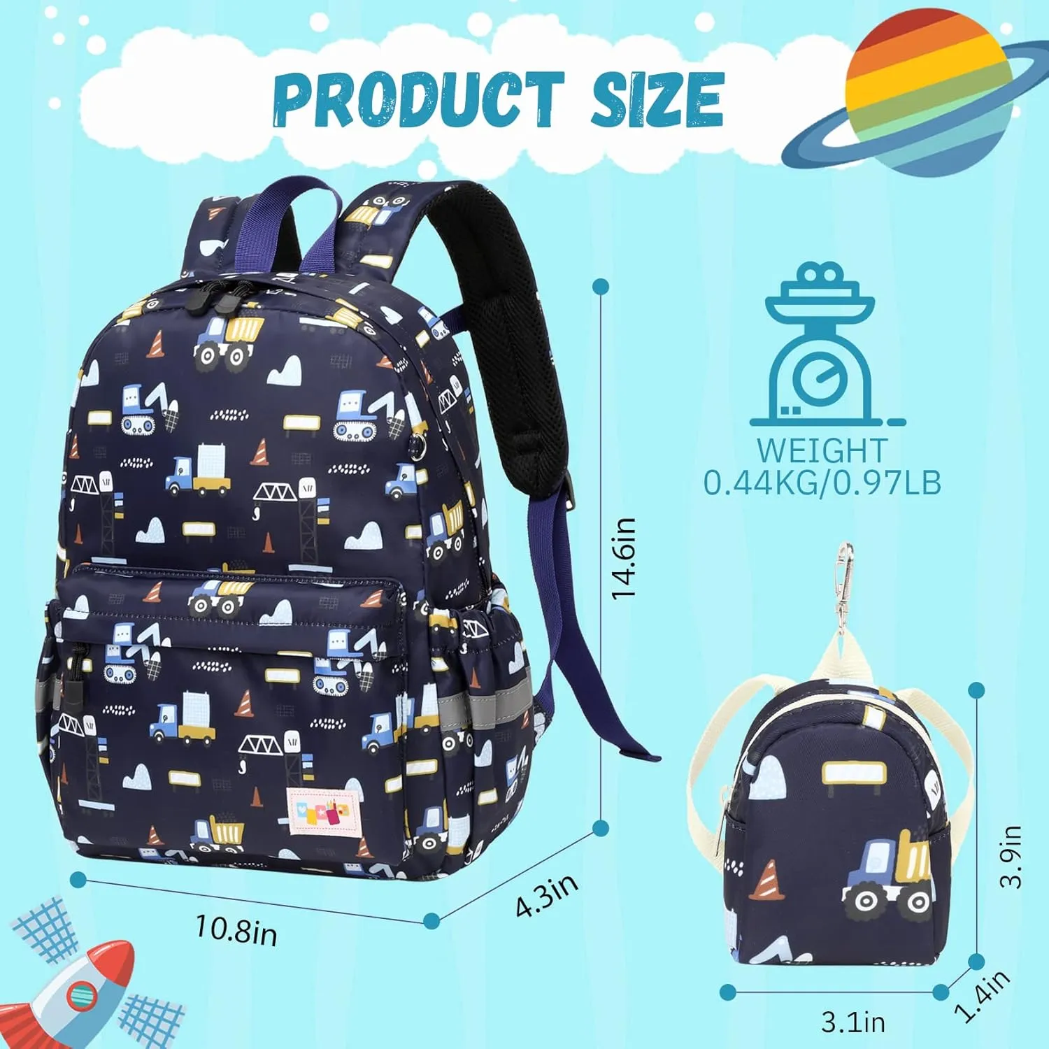 MIRLEWAIY Little Kids Travel Backpack Preschool Cute Kindergarten School Bag Daycare Rucksack for Boys with Coin Pouch, Muck truck, Navy blue