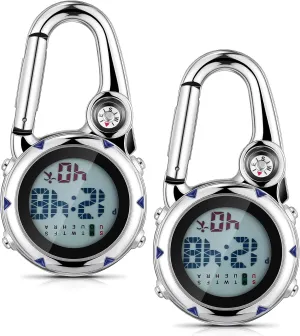 Misdary 2 Pack Clip on Watches Digital Pocket Carabiner Watches Quartz Backpack Fob Belt Hanging Glow in Dark with Alarm Clock Date Week Men Women Nurse Outdoor Sport Climbing Hiking