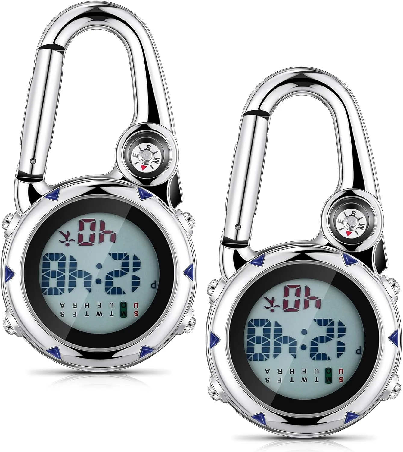 Misdary 2 Pack Clip on Watches Digital Pocket Carabiner Watches Quartz Backpack Fob Belt Hanging Glow in Dark with Alarm Clock Date Week Men Women Nurse Outdoor Sport Climbing Hiking