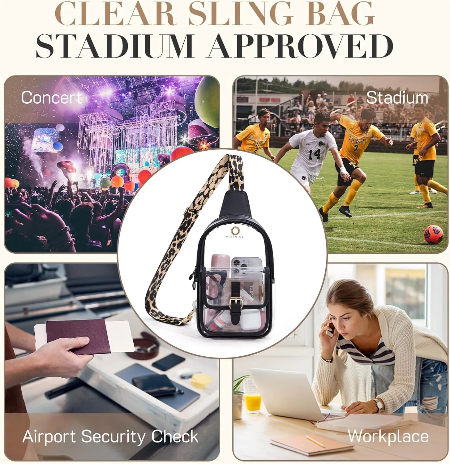 Missnine Clear Bag for Stadium Events Clear Sling Bag Fanny Pack Crossbody Purse for Sport Concert with Side Mesh Pocket