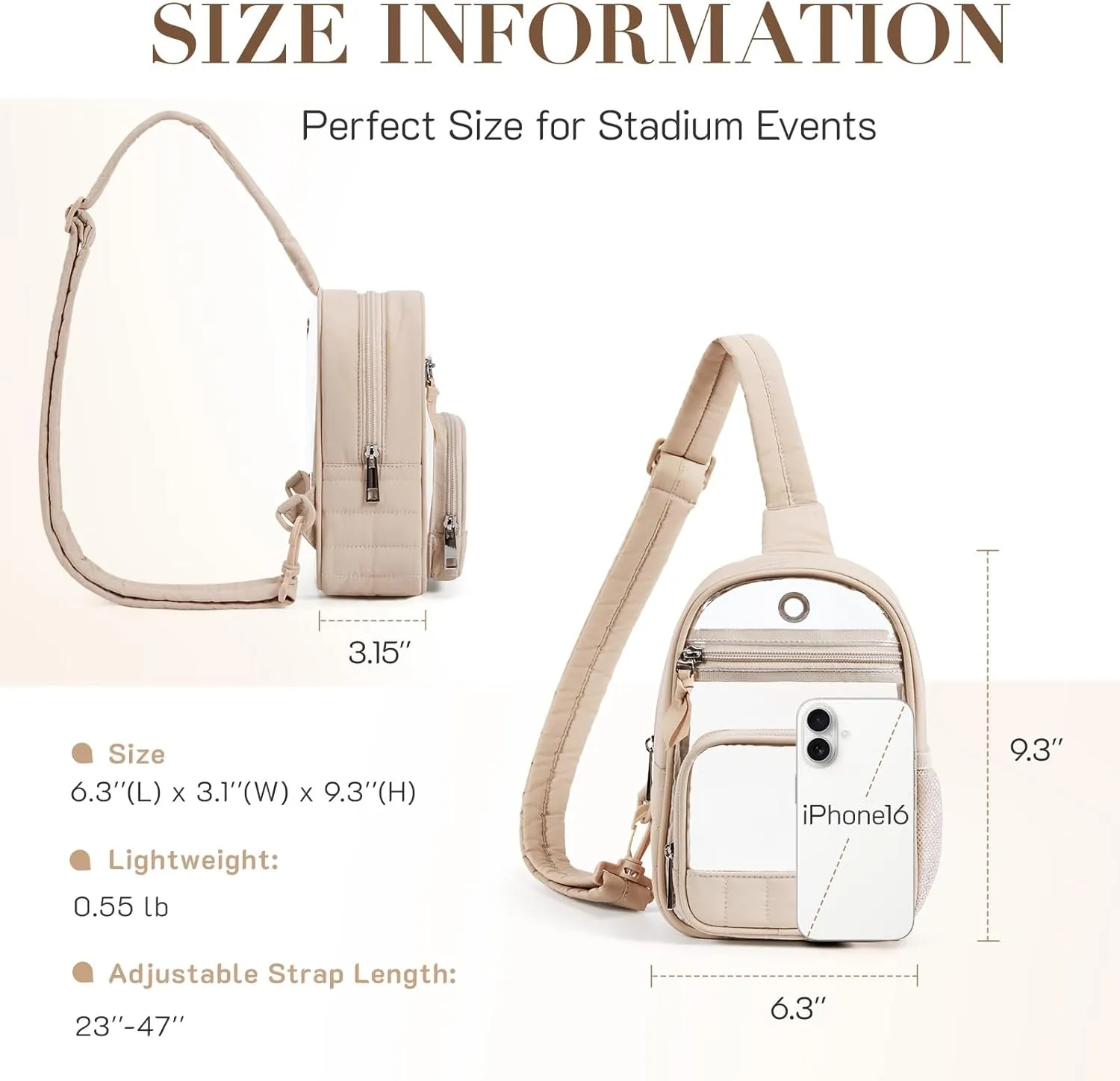 Missnine Clear Bag for Stadium Events Clear Sling Bag Fanny Pack Crossbody Purse for Sport Concert with Side Mesh Pocket