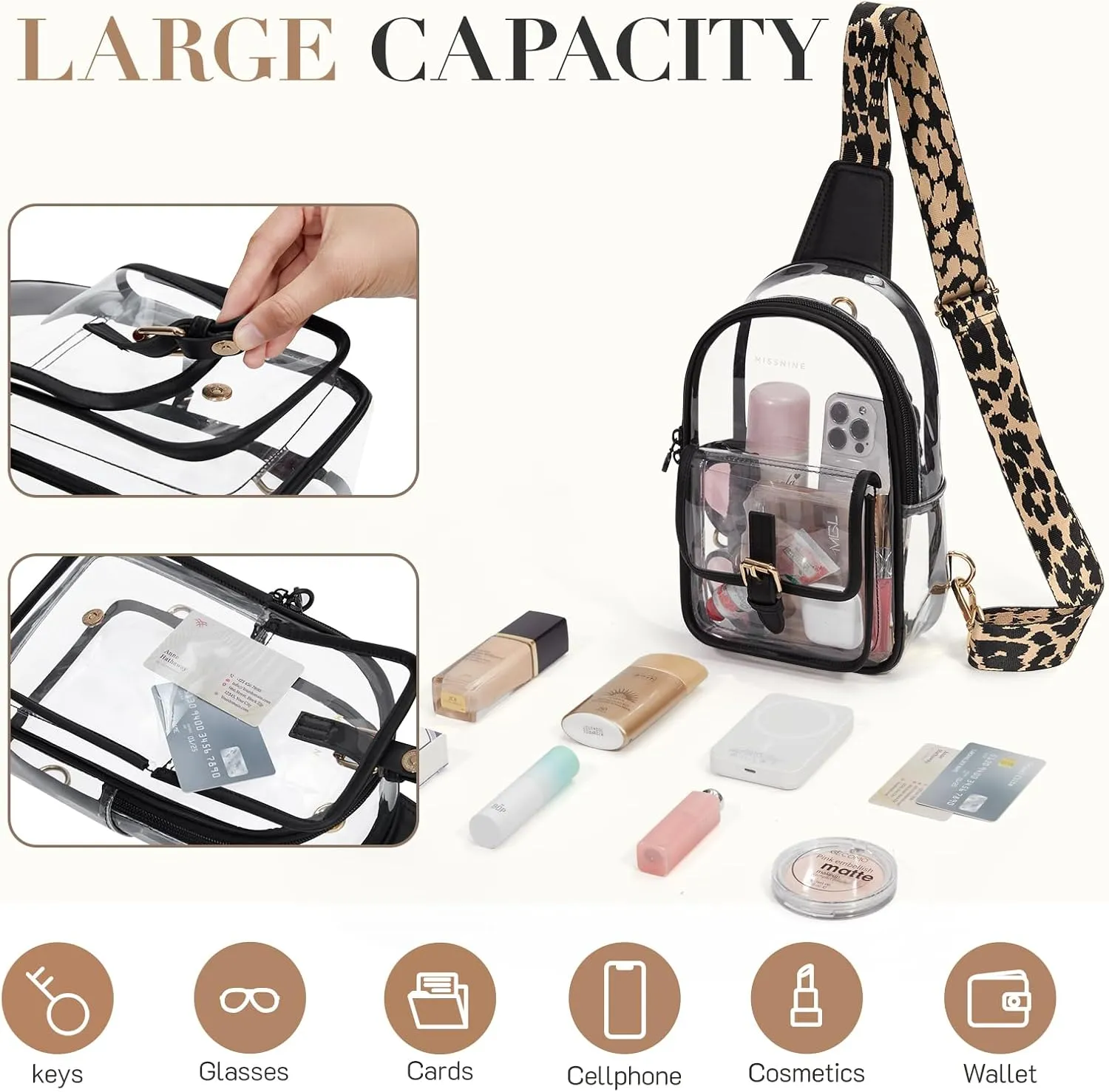 Missnine Clear Bag for Stadium Events Clear Sling Bag Fanny Pack Crossbody Purse for Sport Concert with Side Mesh Pocket