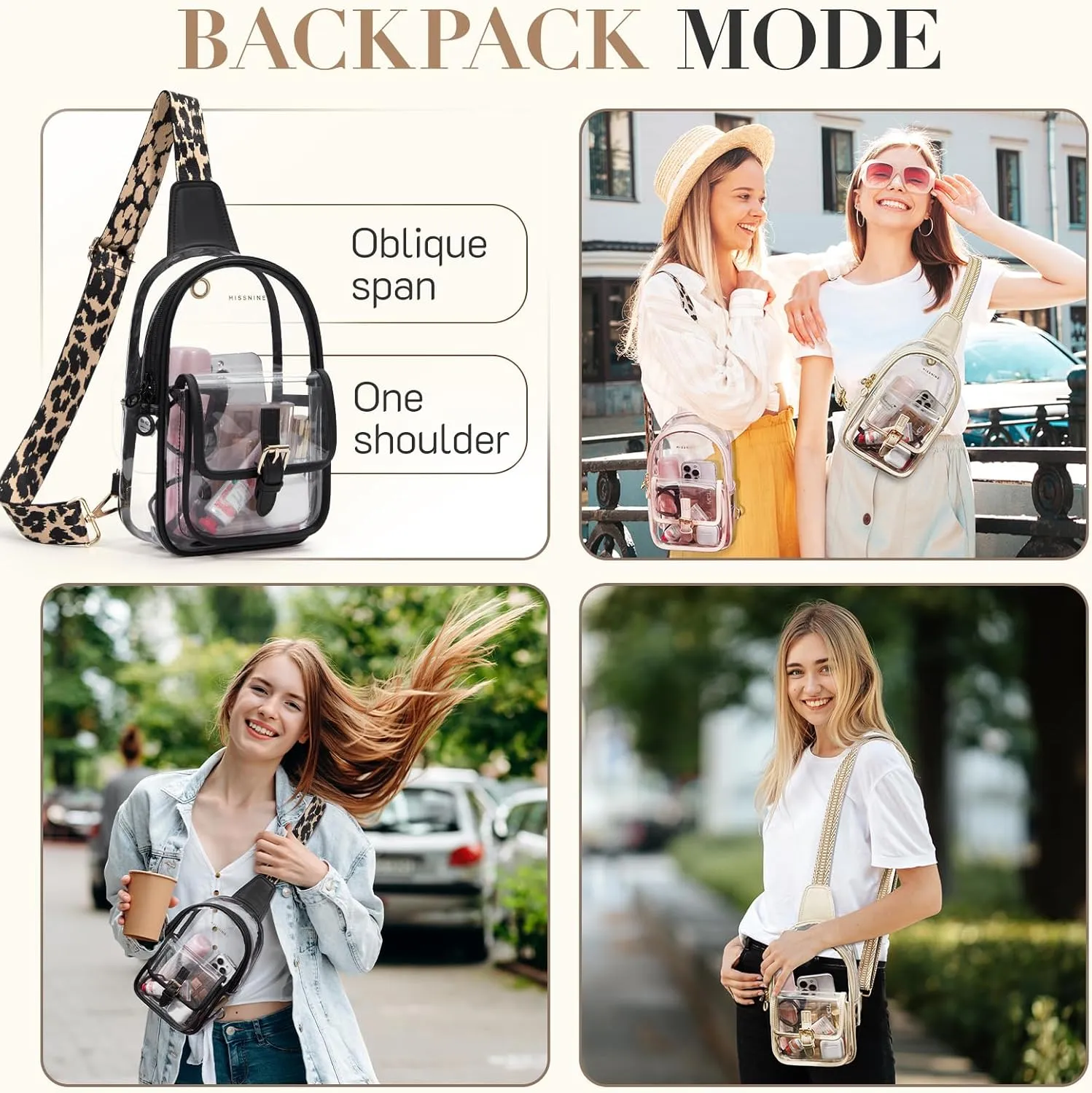 Missnine Clear Bag for Stadium Events Clear Sling Bag Fanny Pack Crossbody Purse for Sport Concert with Side Mesh Pocket